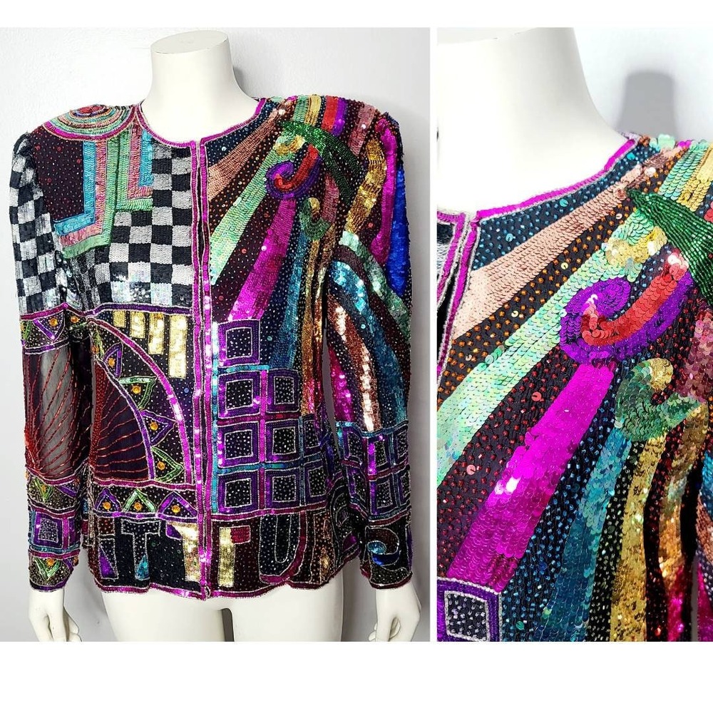 Vintage 1980s Rainbow Sequin and Beaded Blazer Jacket by Laurence Kazar